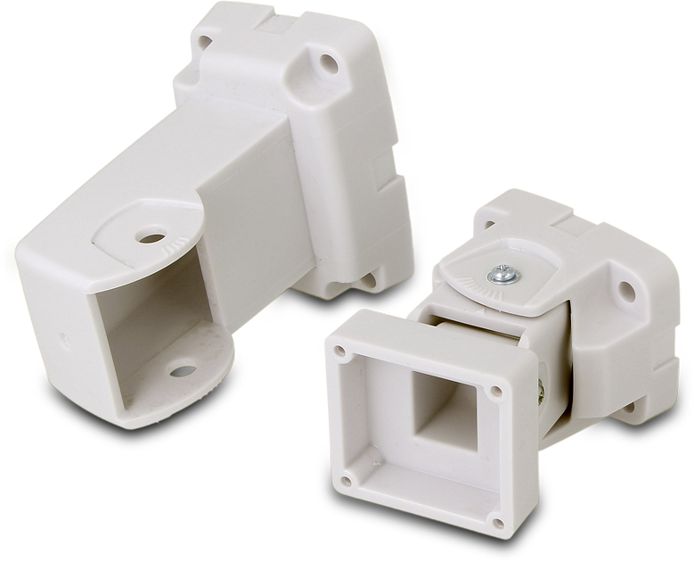 ELMO SNDTRIAL Snodo 3D con passaggio cavi interno per rivelatori serie TRIAL che permette la regolazione orizzontale e verticale del rivelatore. Snodo a 90° con passaggio cavi interno che consente il fissaggio parallelo al muro per una protezione “perimetrale” dell’edificio