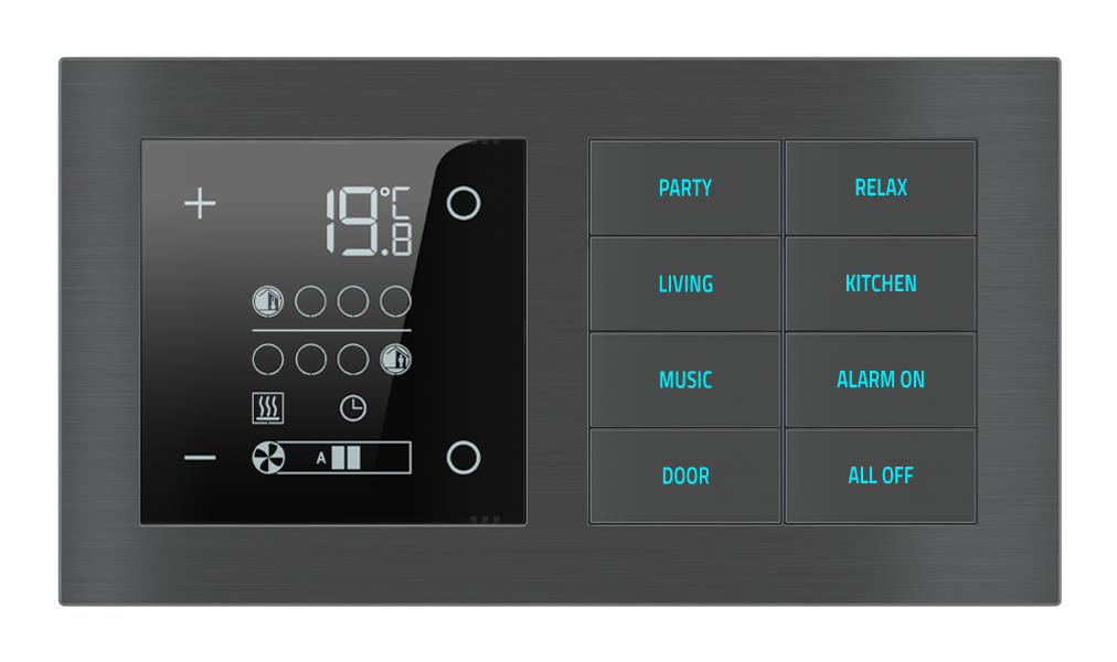 EKINEX Termostato ambiente e pulsante 8 tasti con testi/simboli retroilluminati e sensore di prossimità per placca a 2 posti