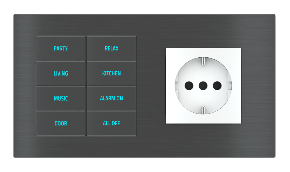 EKINEX Pulsante 8 tasti con testi/simboli retroilluminati, sensore di prossimità con componente di serie civile per placca a 2 posti (modulo 60x45 mm)