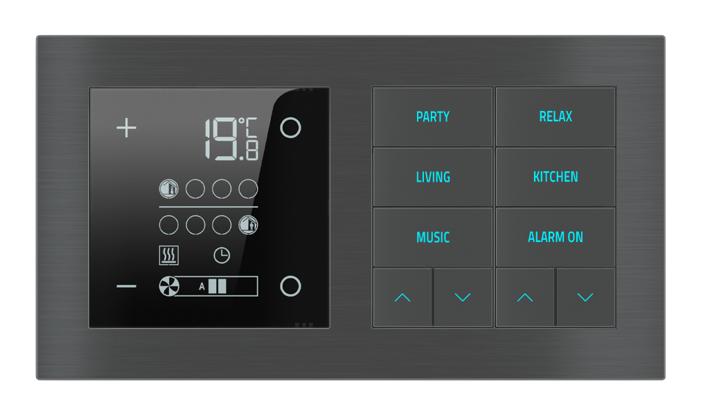EKINEX Termostato ambiente e pulsante 10 tasti con testi/simboli retroilluminati e sensore di prossimità per placca a 2 posti