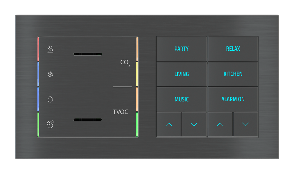 EKINEX Multisensore di qualità dell'aria con regolatore e pulsante 10 tasti con testi/simboli retroilluminati e sensore di prossimità per placca a 2 posti