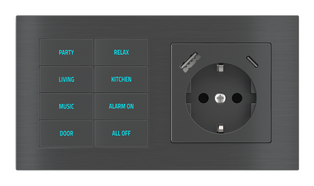 EKINEX Pulsante 8 tasti con testi/simboli retroilluminati, sensore di prossimità e presa elettrica per placca a 2 posti (modulo 60x55 mm) - Schuko USB