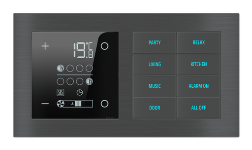 [255EK-E73-TP | EK-E2E-TP-8] EKINEX Termostato ambiente e pulsante 8 tasti con testi/simboli retroilluminati e sensore di prossimità per placca a 2 posti
